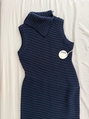 NWT STAUD Navy Ribbed Sleeveless Turtleneck Sweater LARGE retail $495